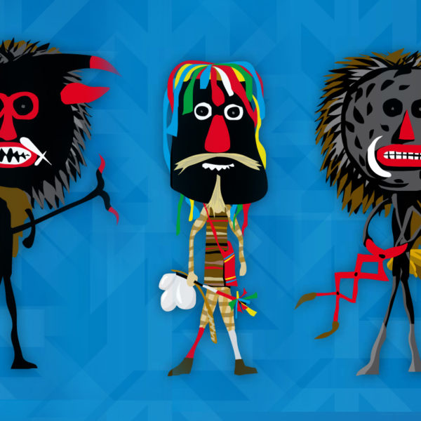 Grupo de personajes de las mascaradas del solsticio de invierno en Zamora: el zangarrón, el carocho, los diablos...